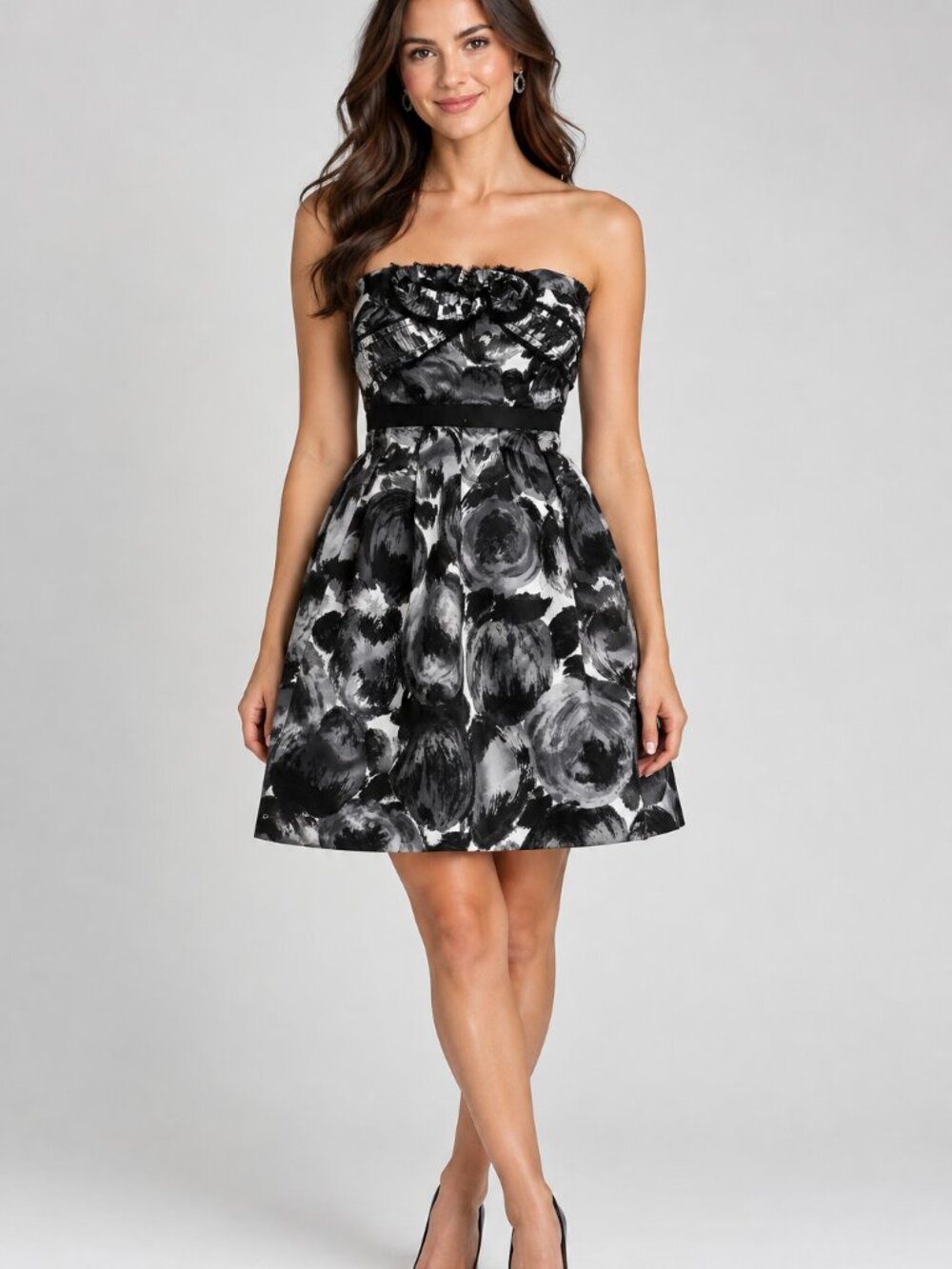 BCBG Maxazaria Designer Dress Womens 4 Black Strapless Rosette Pattern Strapless
